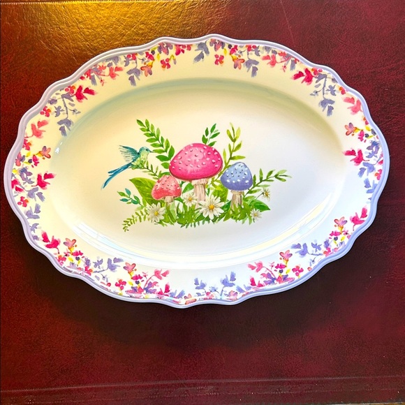 Blueberry Cove Mushroom Floral Bird Oval Platter Melamine NEW Pink Purple Blue - Picture 1 of 4